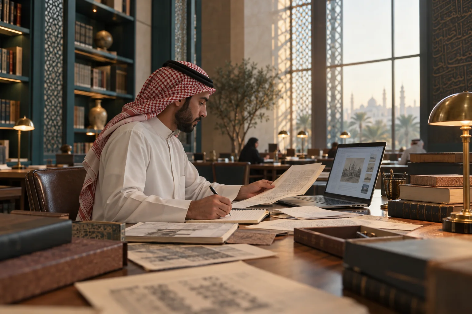 باحث يقارن بين وثائق مطبوعة وأرشيف رقمي داخل قاعة قراءة حديثة