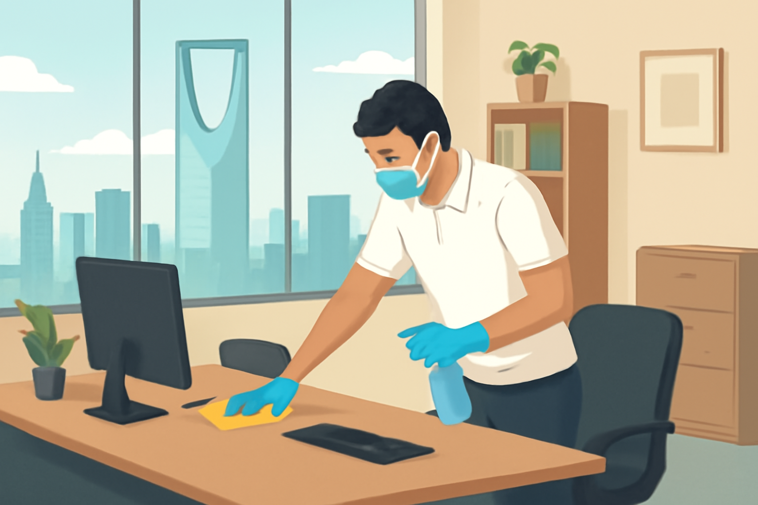 رسم توضيحي لمكتب في الرياض، شخص بينضف سطح مكتب، مع ظهور مساحة العمل بترتيب مختلف، من غير شعارات أو كتابة.